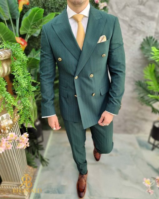 Costum Verde in dungi cu butoni aurii, Sacou si Pantalon