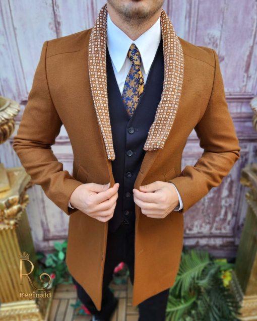 Palton de bărbați, Slim Fit, Maro cu guler textil