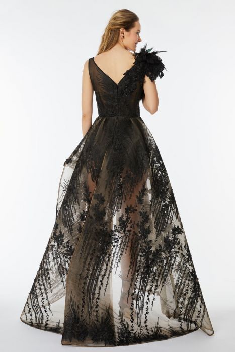 Rochie de seara lunga, asimetrica cu corsaj, din dantela