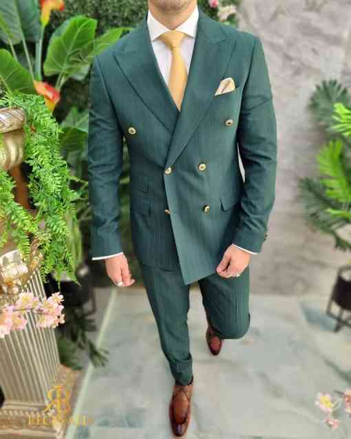 Costum Verde in dungi cu butoni aurii, Sacou si Pantalon