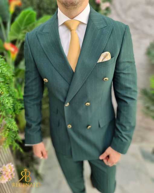 Costum Verde in dungi cu butoni aurii, Sacou si Pantalon 1