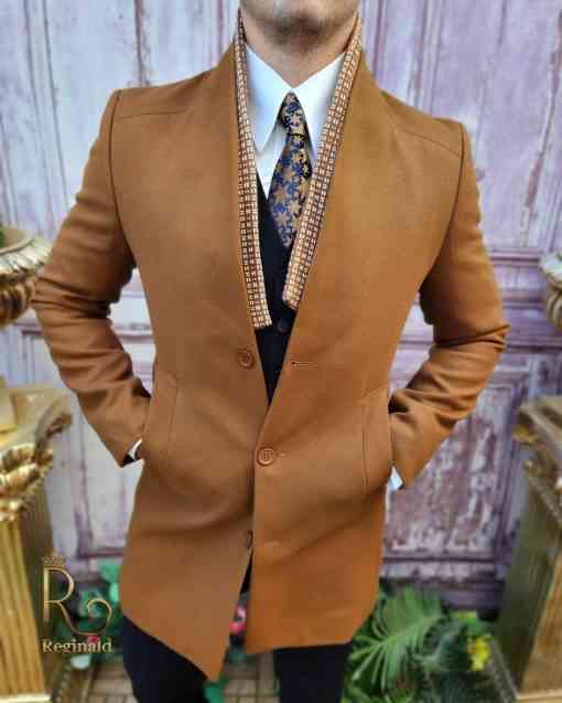 Palton de bărbați, Slim Fit, Maro cu guler textil 1